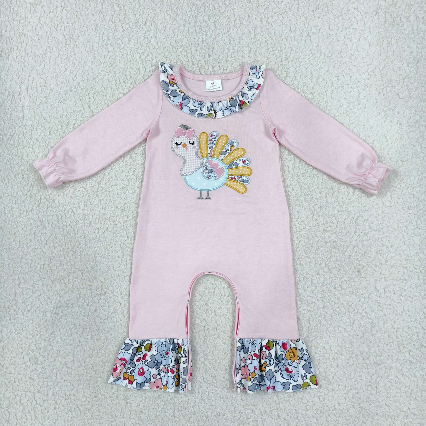 LR3216 Embroidery Thanksgiving Day Turkey Flower Baby Girls Romper