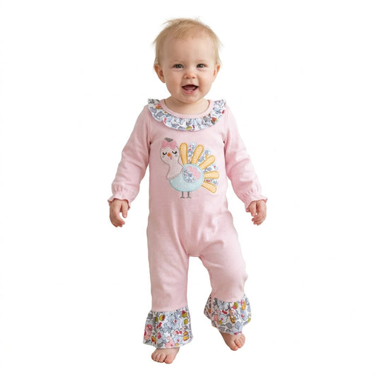 LR3216 Embroidery Thanksgiving Day Turkey Flower Baby Girls Romper
