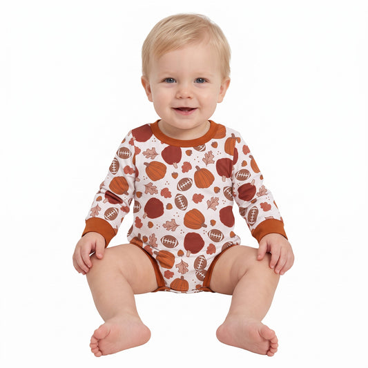 LR3235 Pumpkin Leaves Football Baby Boys Romper