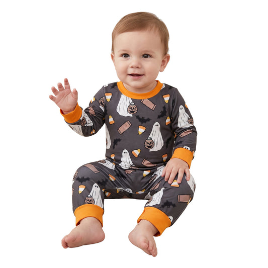 LR3241 Halloween Pumpkin Bats Candy Baby Boy Romper