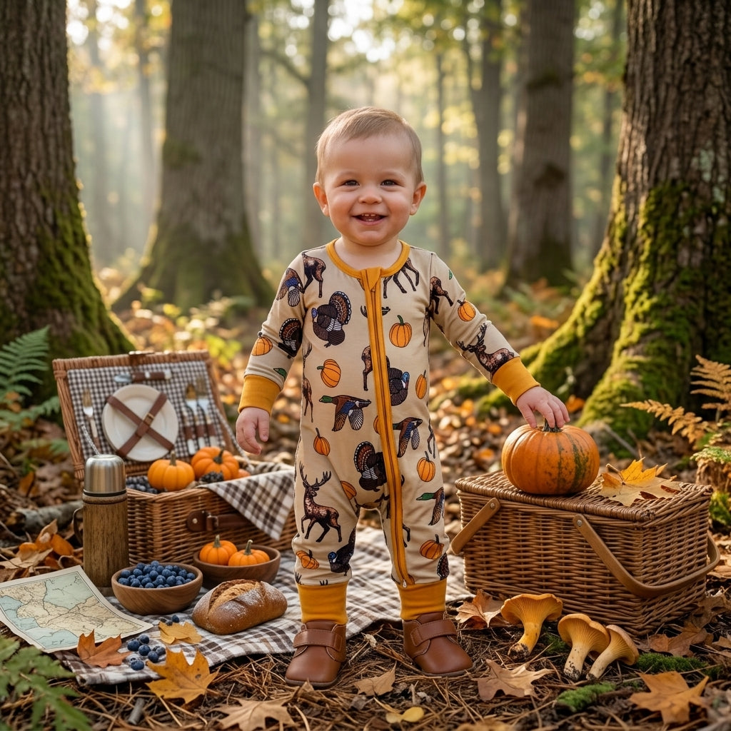 LR3251 Hunting Pumpkin Baby Footie Sleepers Romper