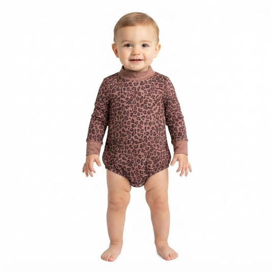 LR3264 Leopard Print Middle Neckline Baby Bubble Romper