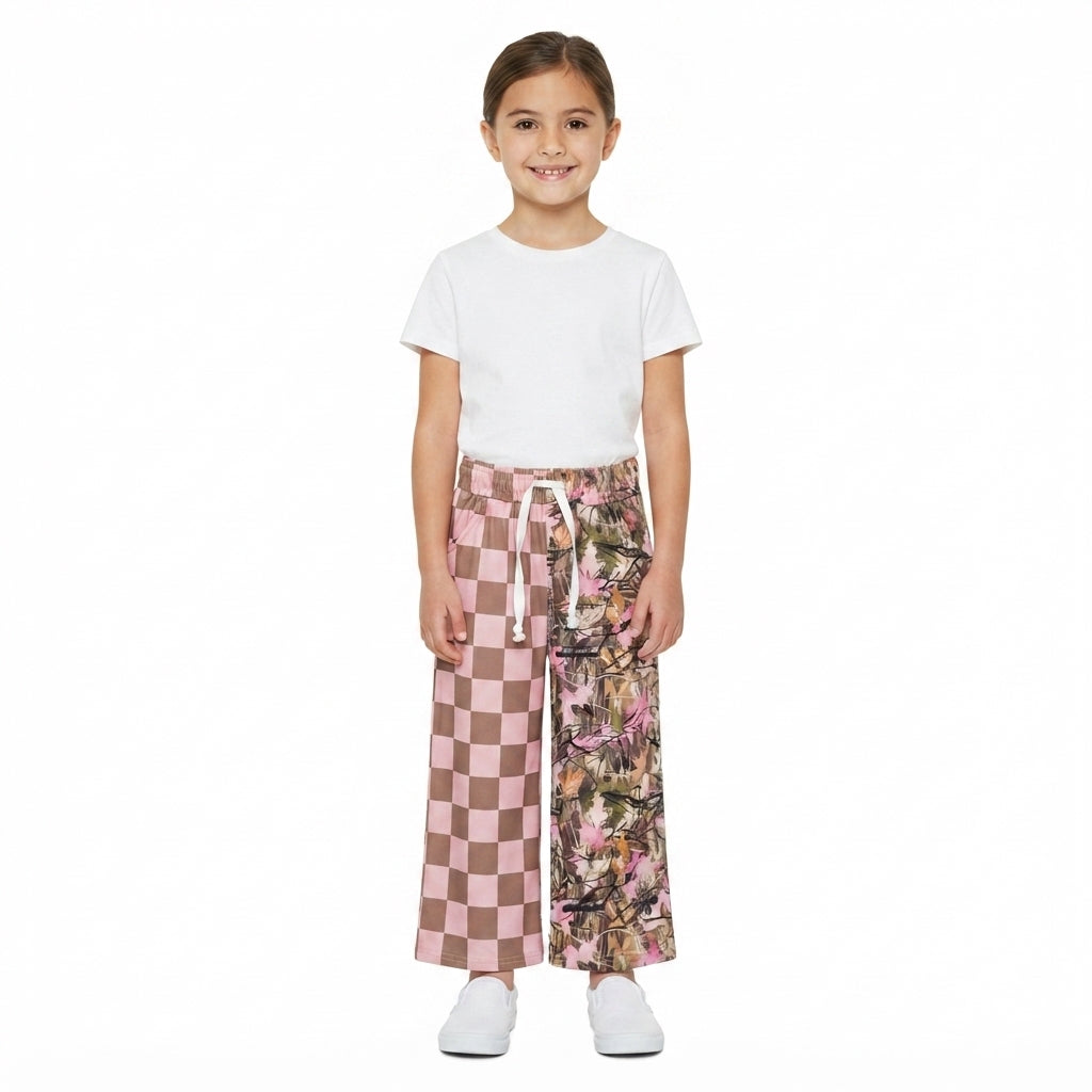 P1093 Hunting Camo Leaves Plaid Girls Wide Leg Pants