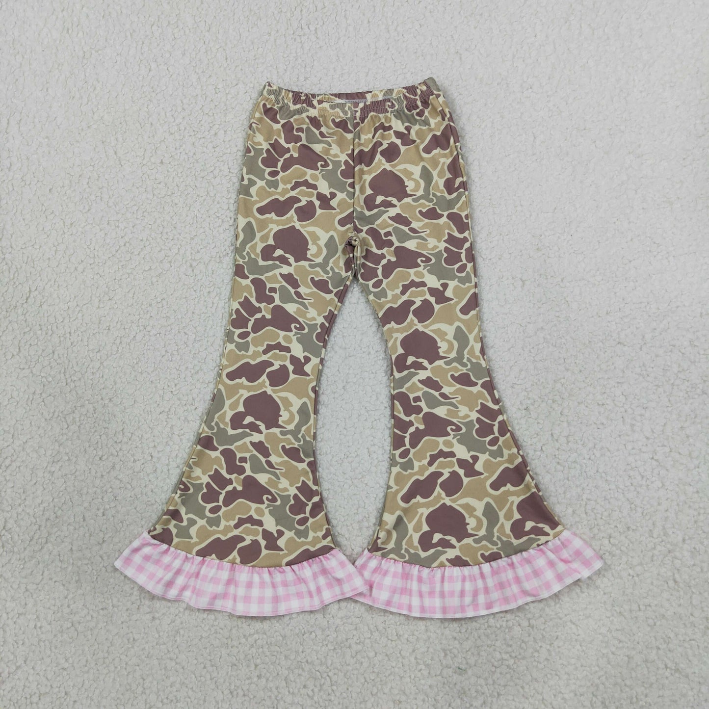 P1183 Hunting Camo Pink Plaid Ruffles Girls Flared Pants