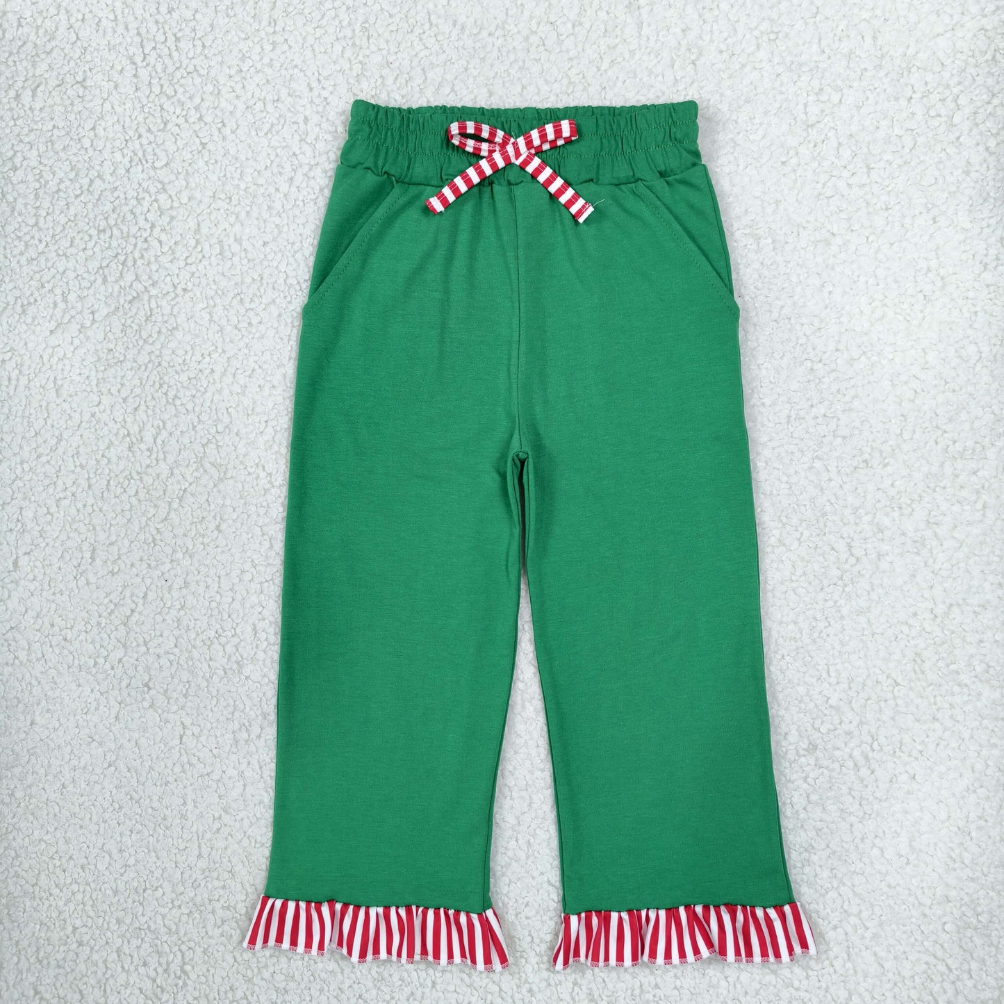 P1254 Christmas Solid Color Red Stripe Ruffles Green Girls Pants