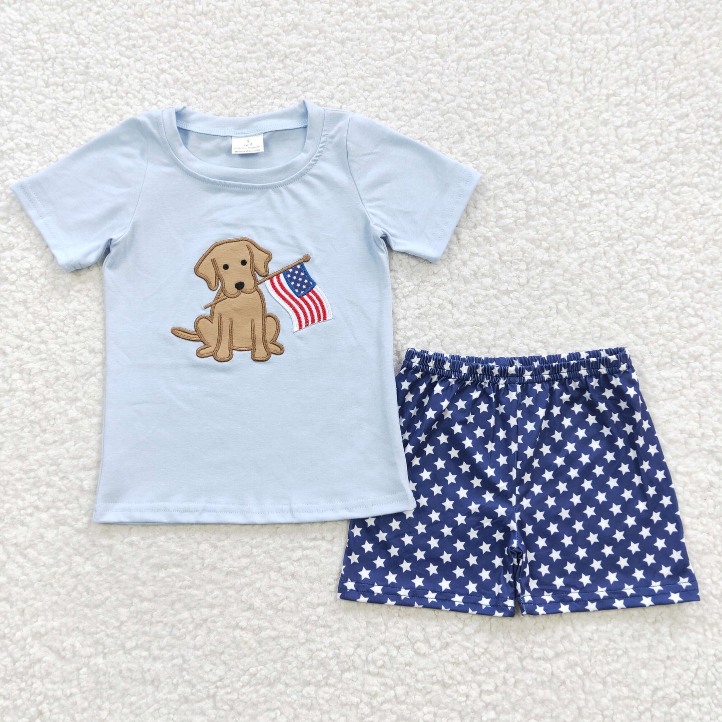 July Of 4th Embroidered Dog Flag Boy Suit Summer Set