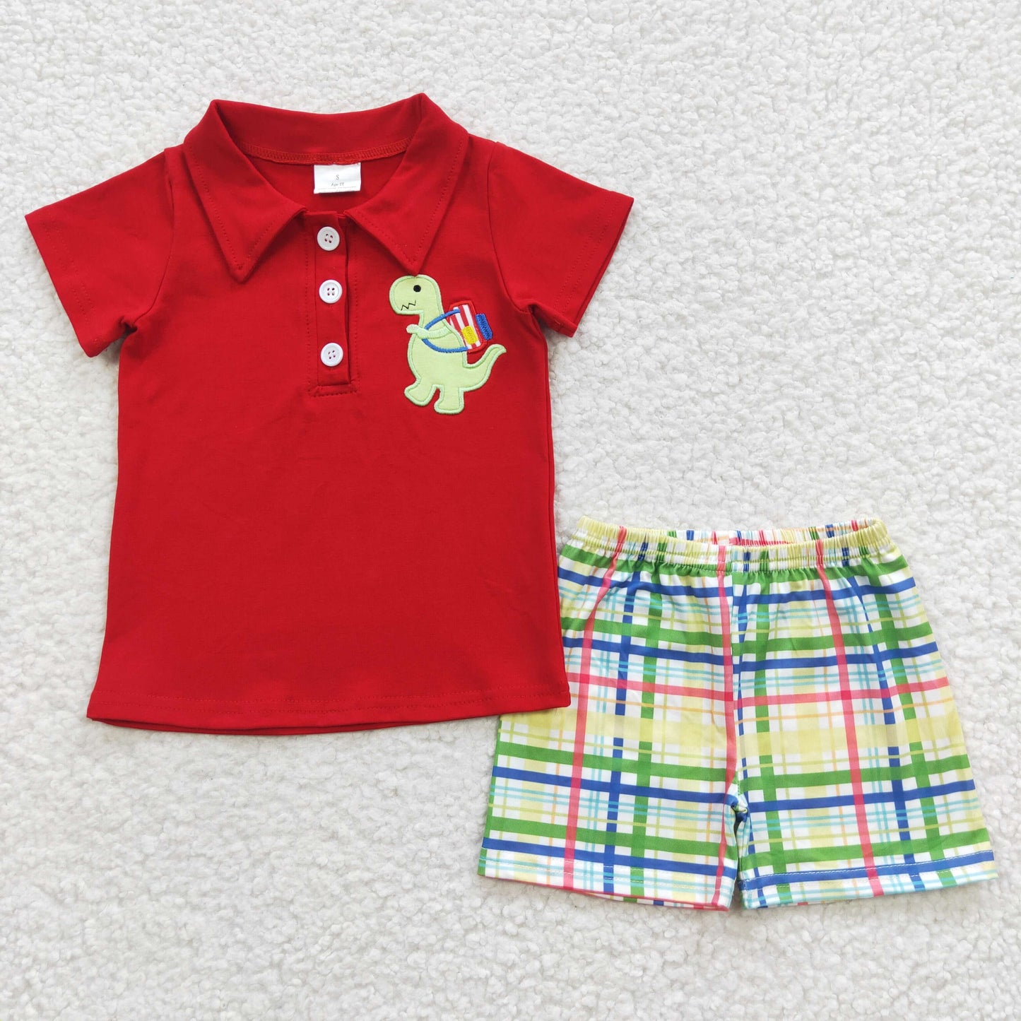 Back To School Red Dinosaur Embroidered Summer Set