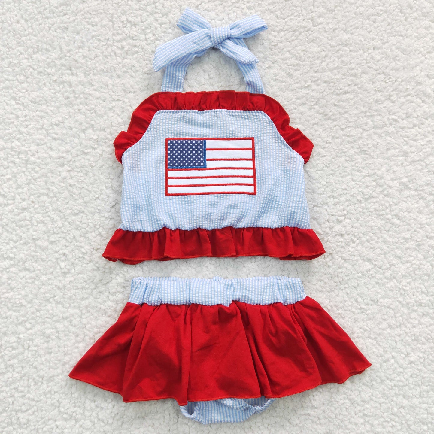 July Of 4th Flag Embroidery 2pc girls summer Swimsuit