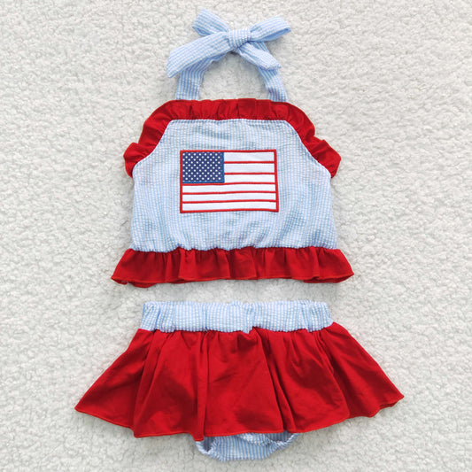 July Of 4th Flag Embroidery 2pc girls summer Swimsuit