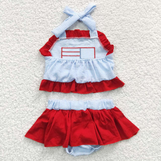 July Of 4th Flag Embroidery 2pc girls summer Swimsuit