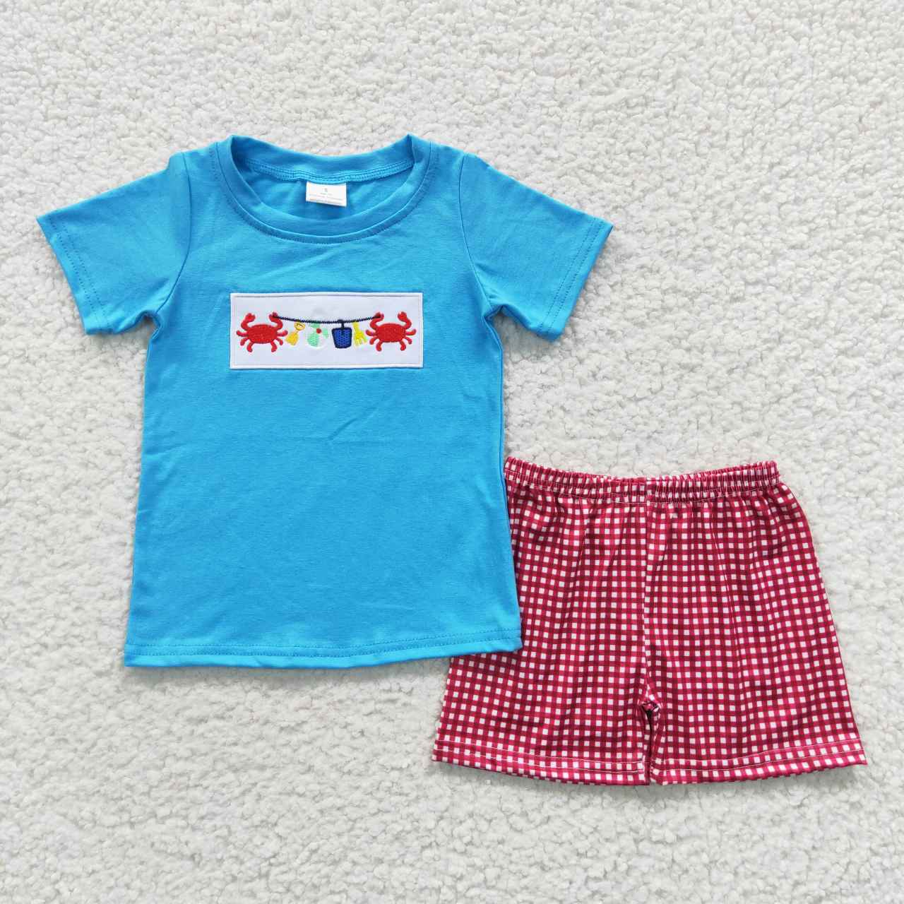 Embroidered Crab Blue Plaid Boy Summer Set