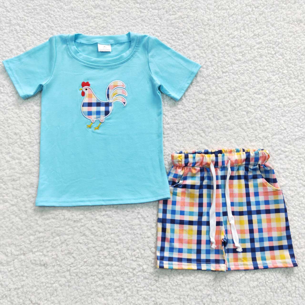Embroidered Chicken Blue PlaidSummer Set
