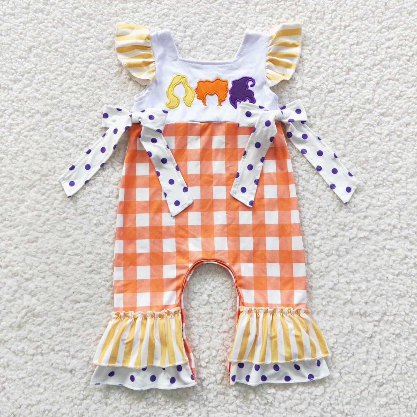 Halloween orange cartoon embroidery Girls Romper
