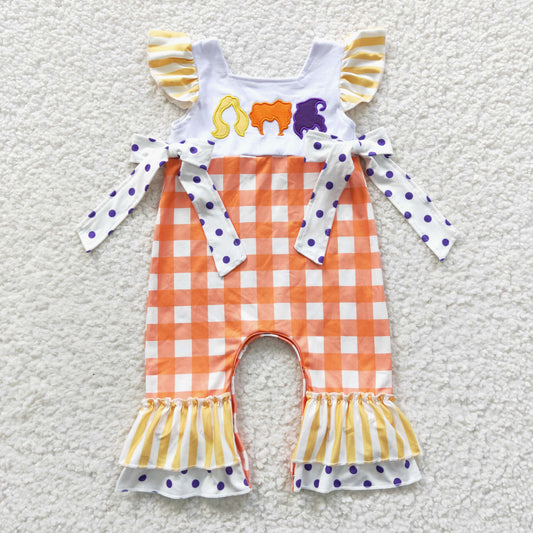 Halloween orange cartoon embroidery Girls Romper