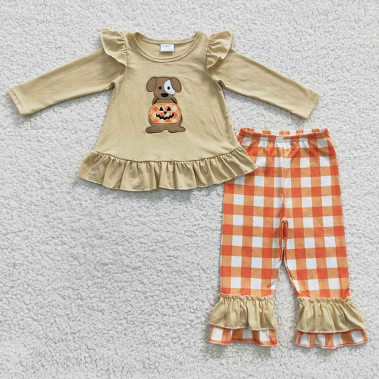 Halloween Embroidery Pumpkin Dog Girls Set