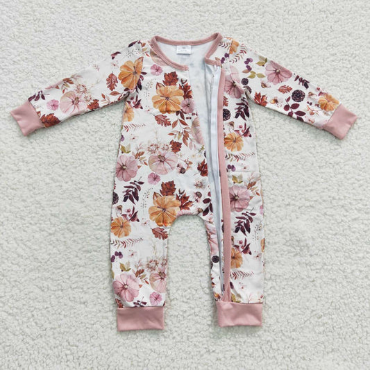 Fall Pink Pumpkin Baby Romper With zipper