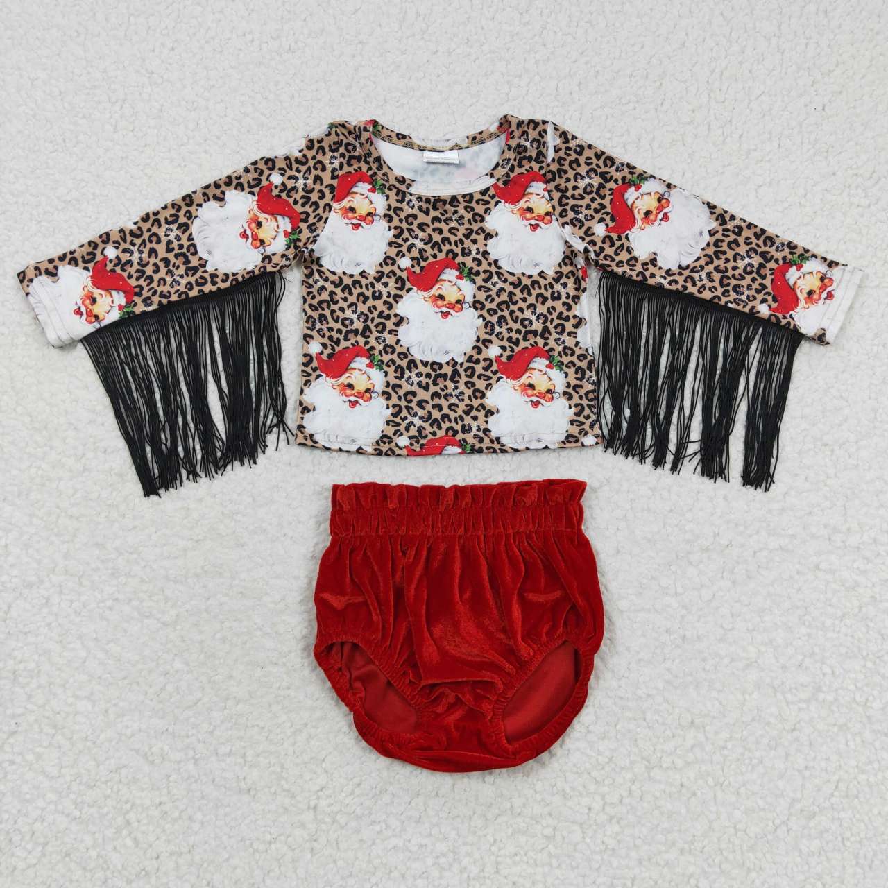 Christmas Tassel Leopard Top Red Velvet bummie outfit
