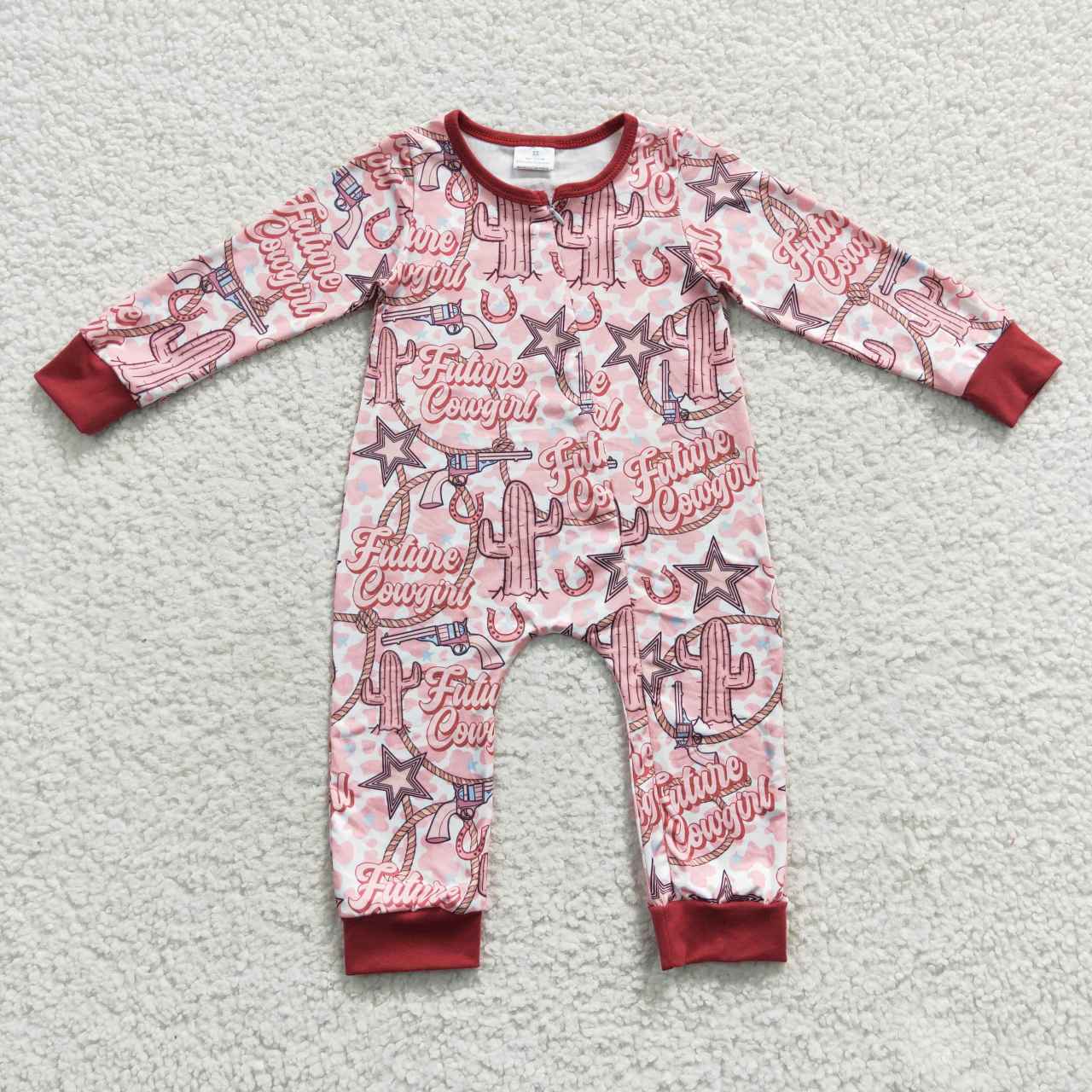 Western Pink Cactus Print Baby Romper With zipper