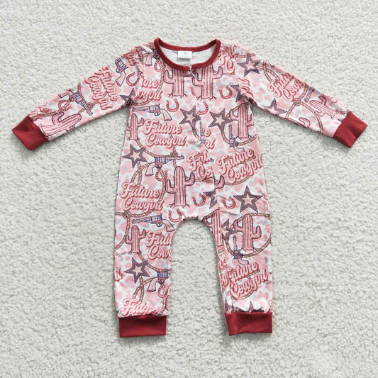 Western Pink Cactus Print Baby Romper With zipper