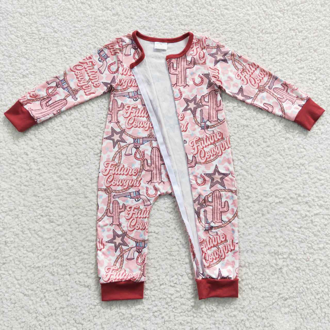 Western Pink Cactus Print Baby Romper With zipper