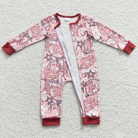 Western Pink Cactus Print Baby Romper With zipper