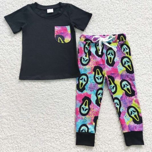 Halloween Black Skull Print Pants Boy Set