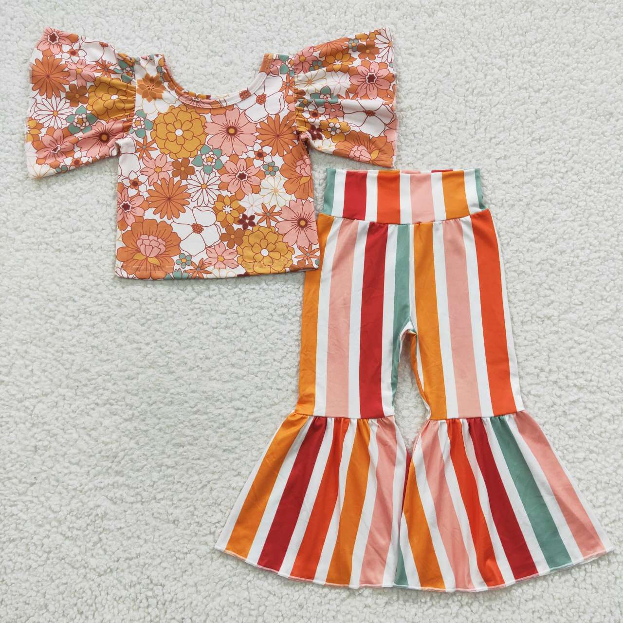 Flowers Stripe Short Bell Pants Girls Set