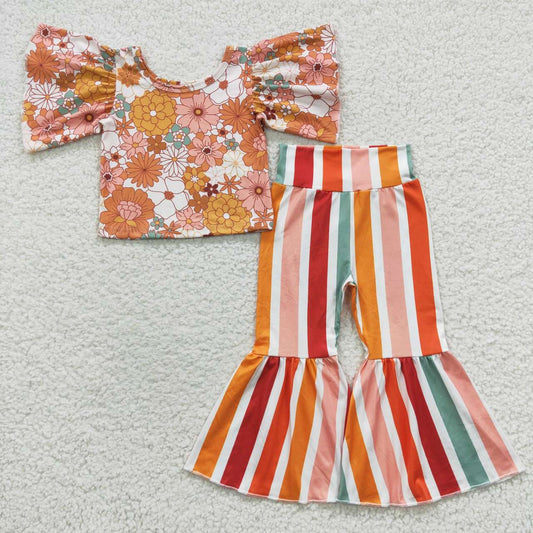 Flowers Stripe Short Bell Pants Girls Set