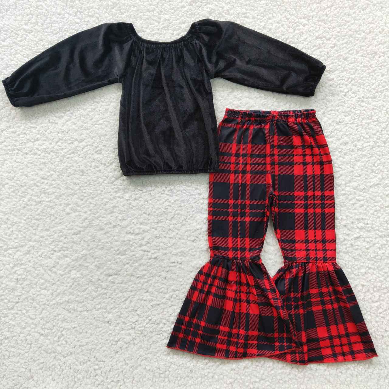 Black Velvet Ruffle Girls Top Red Stripe Girls Set