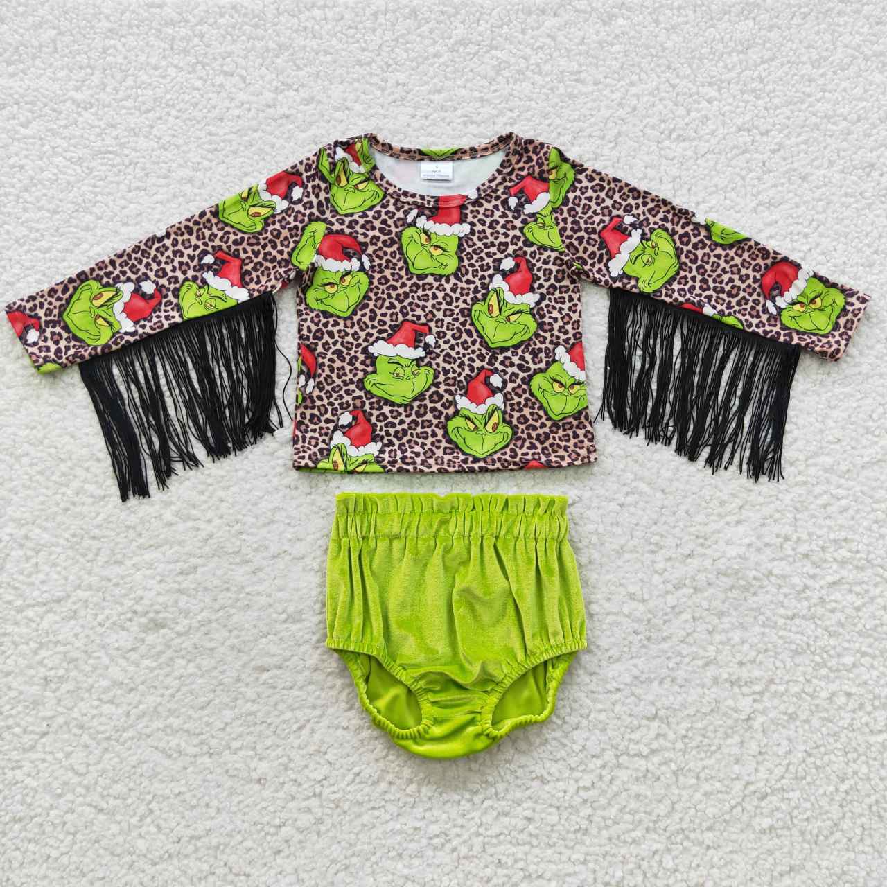 Christmas Tassel Leopard Top Green Velvet bummie outfit