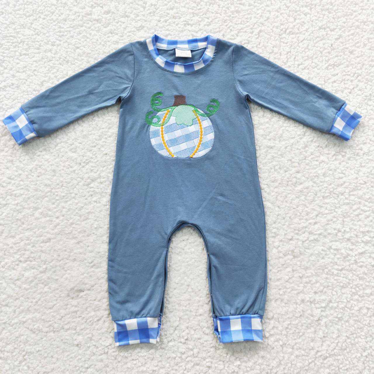 Blue Embroidery Pumpkin Boy Romper