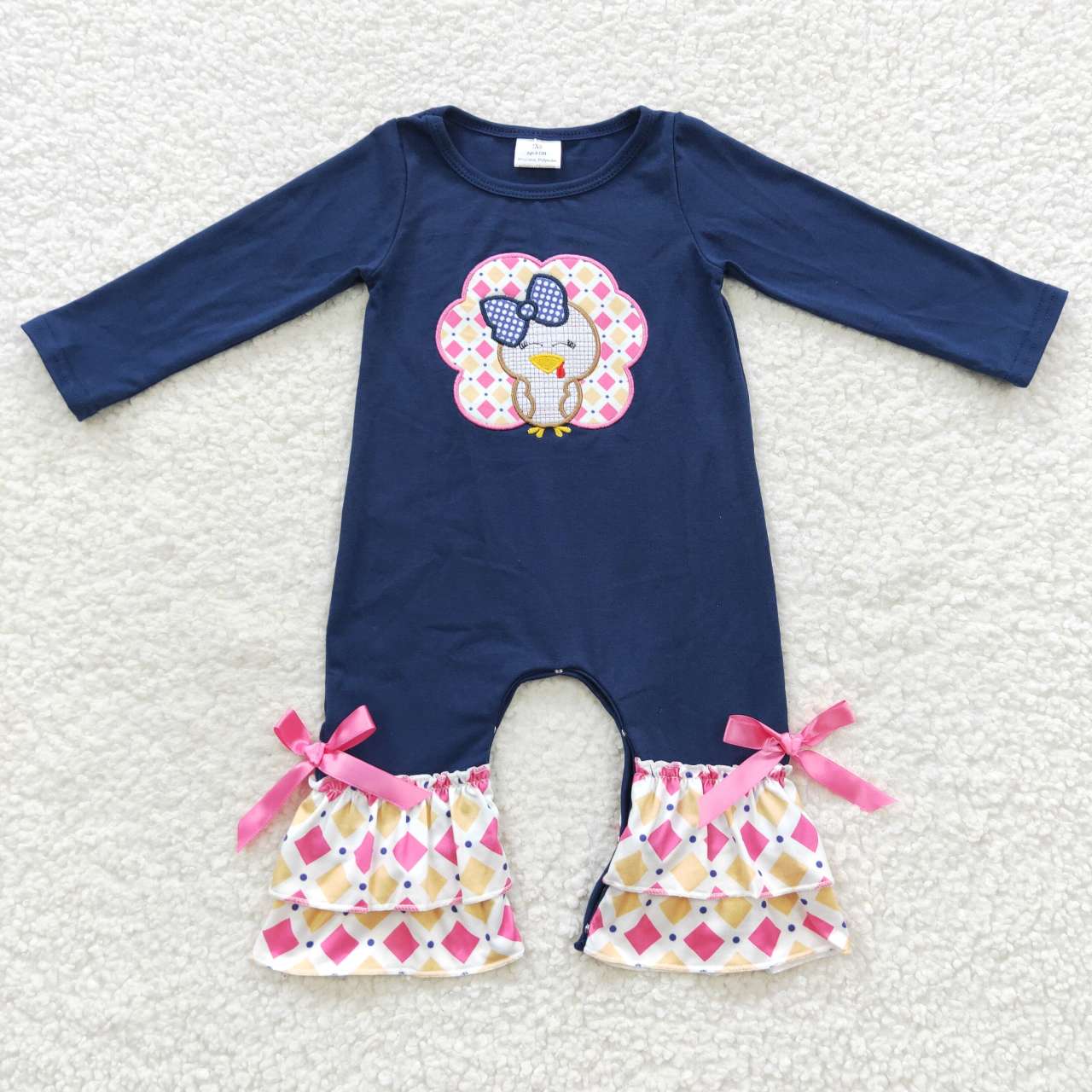 Thanksgiving Navy Turkey Embroidery Girls Romper