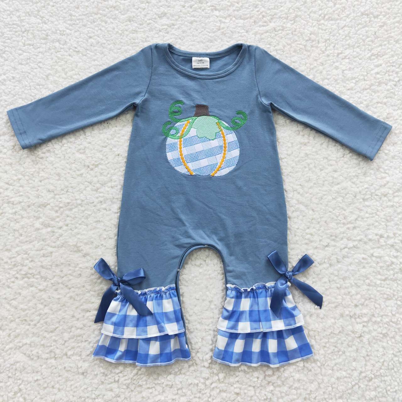 Blue Embroidery Pumpkin Girls Romper