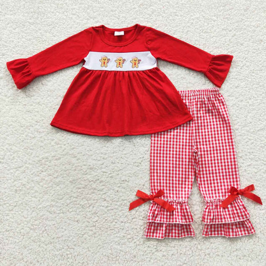 Christmas Red Embroidery Gingerbread Girls Outfits