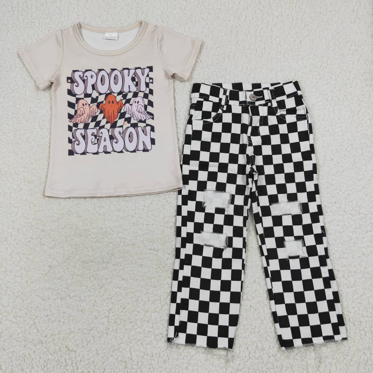 Halloween Ghost Black and White Plaid Jeans Set