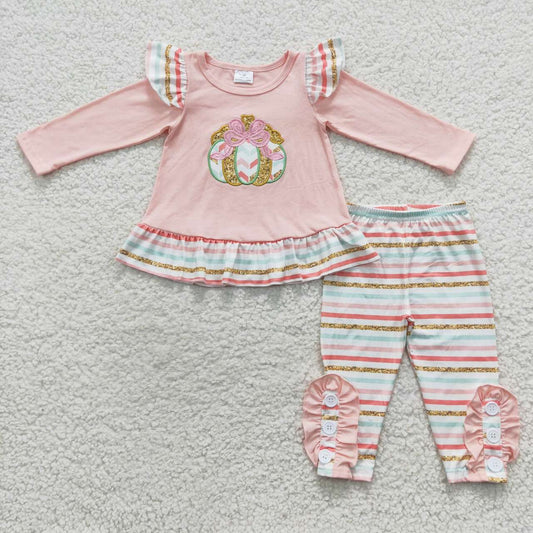 Halloween Pink Embroidered Pumpkins Girls Outfits