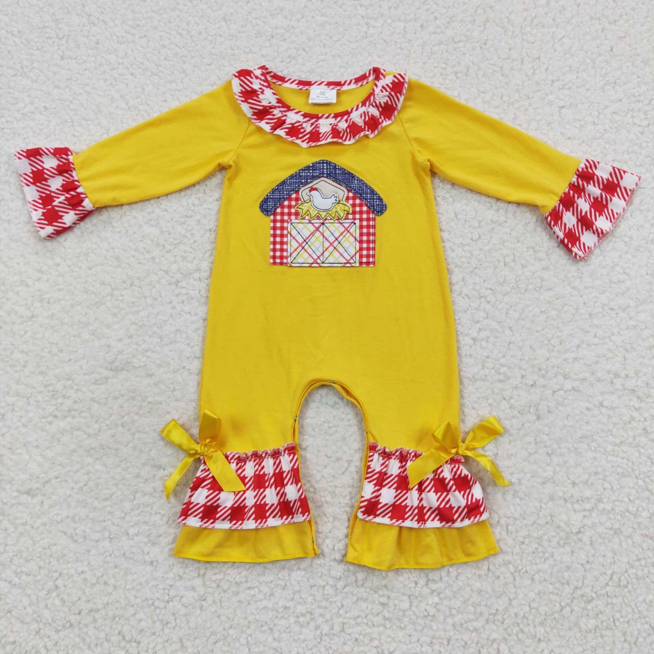 Fall Embroidered Chicken Red Plaid Baby Girls Romper