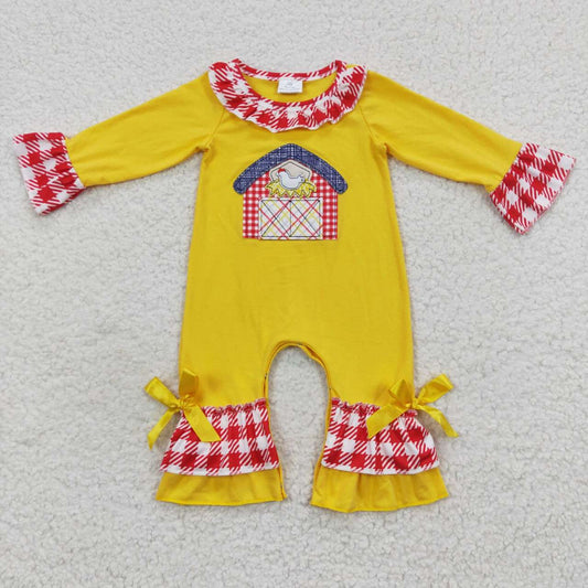 Fall Embroidered Chicken Red Plaid Baby Girls Romper