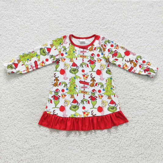 Christmas Green Cartoon Long Sleeve Girls Dress