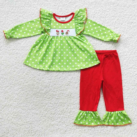Christmas Green Dots Embroidery Cartoon Girls Outfits