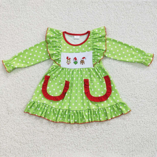 Christmas Green Dots Embroidery Cartoon Girls Dress