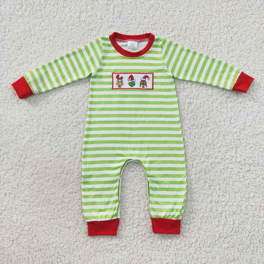 Christmas Green Stripe Embroidery Cartoon Baby Boy Romper
