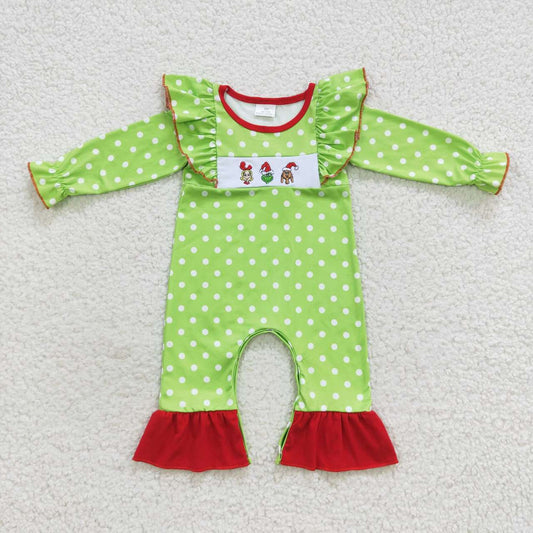 Christmas Green Dots Embroidery Cartoon Baby Girls Romper