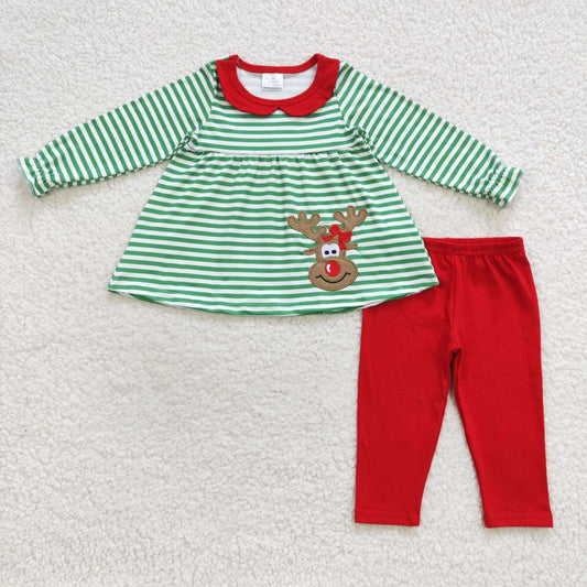 Christmas Green Stripe Embroidery Deer Girls Outfits