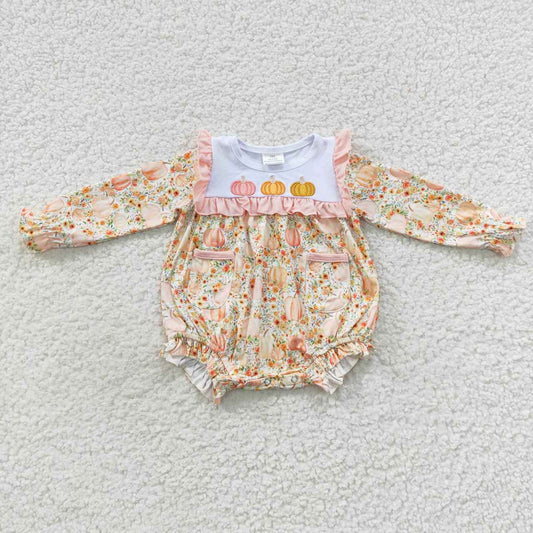 halloween Pumpkin embroidery long sleeves romper