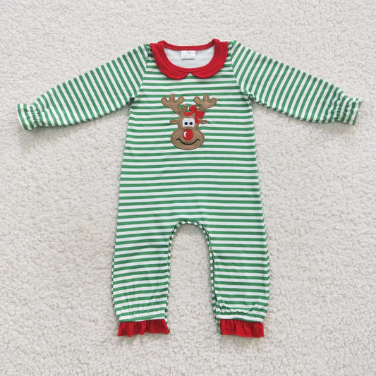 Christmas Green Stripe Embroidery Deer Boy Romper