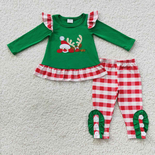 Christmas Green Embroidery Deer Girls Outfits