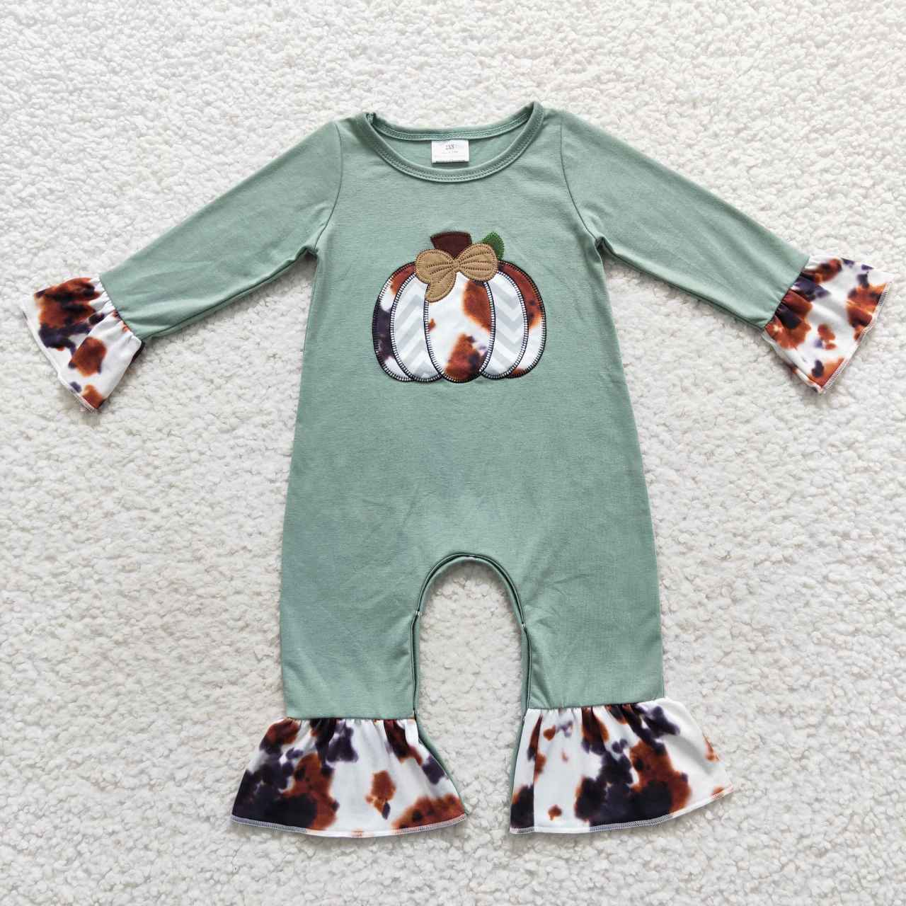 Dark Green Embroidery Pumpkin Girls Romper
