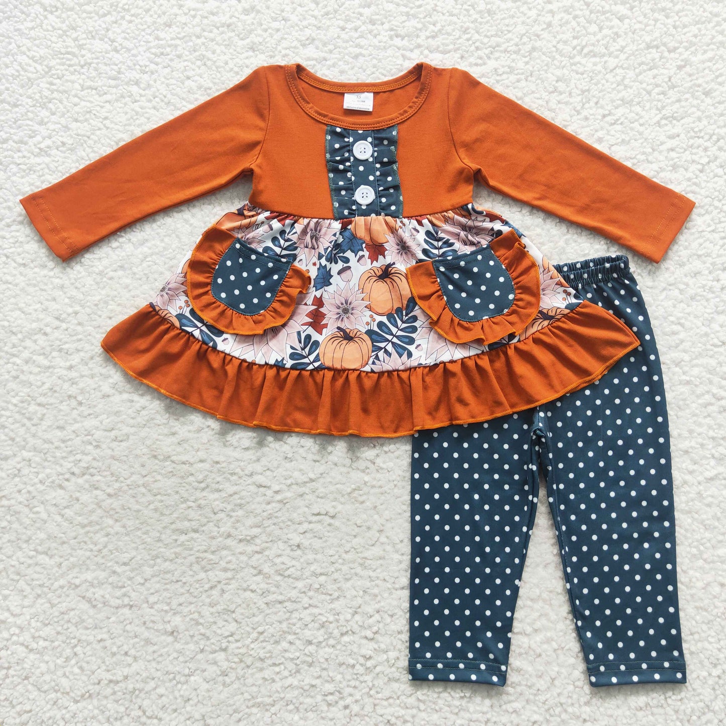 Fall set Floral Pumpkin Dots with pocket Girls set