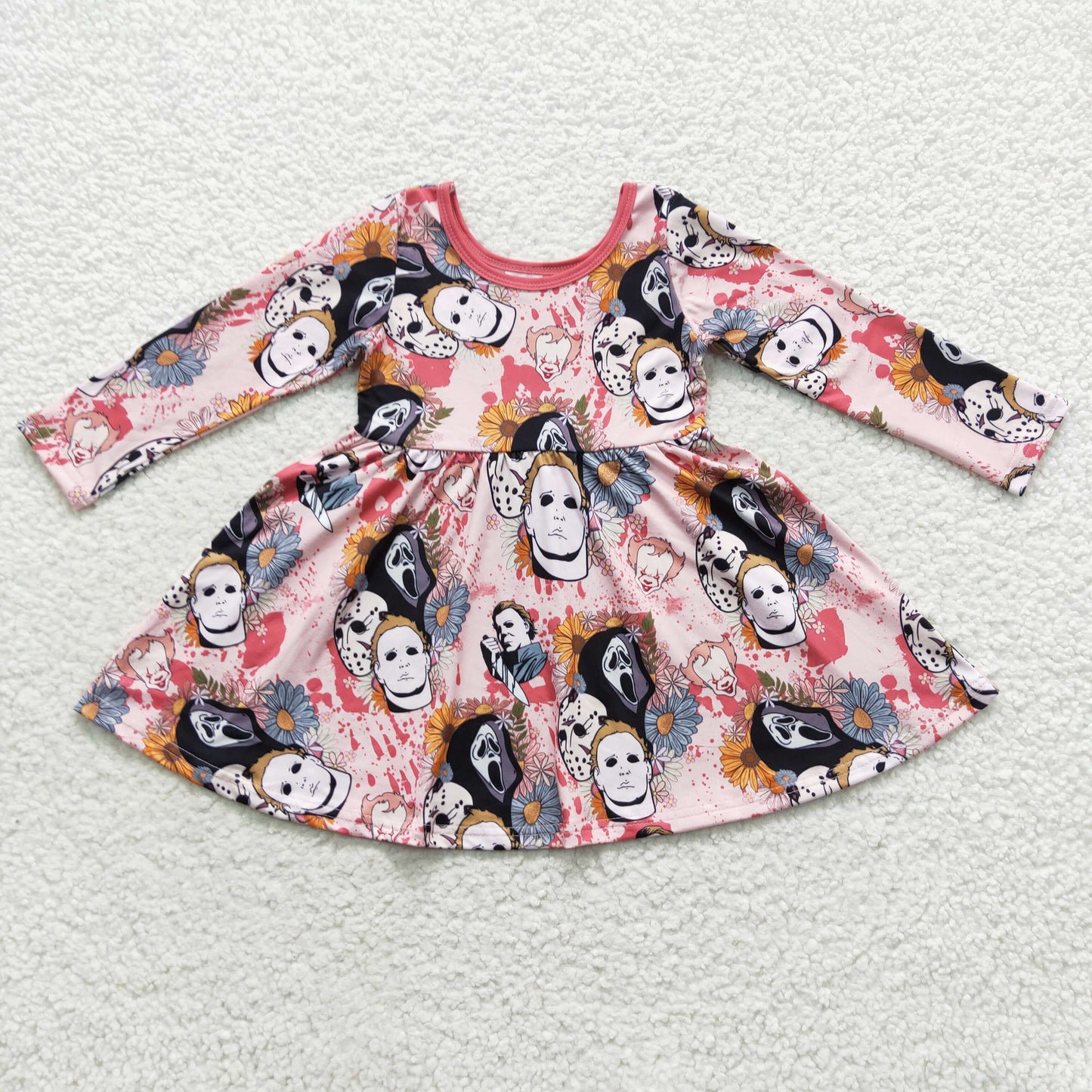 Halloween Mask Cartoon Floral Pattern Long Sleeves Dress